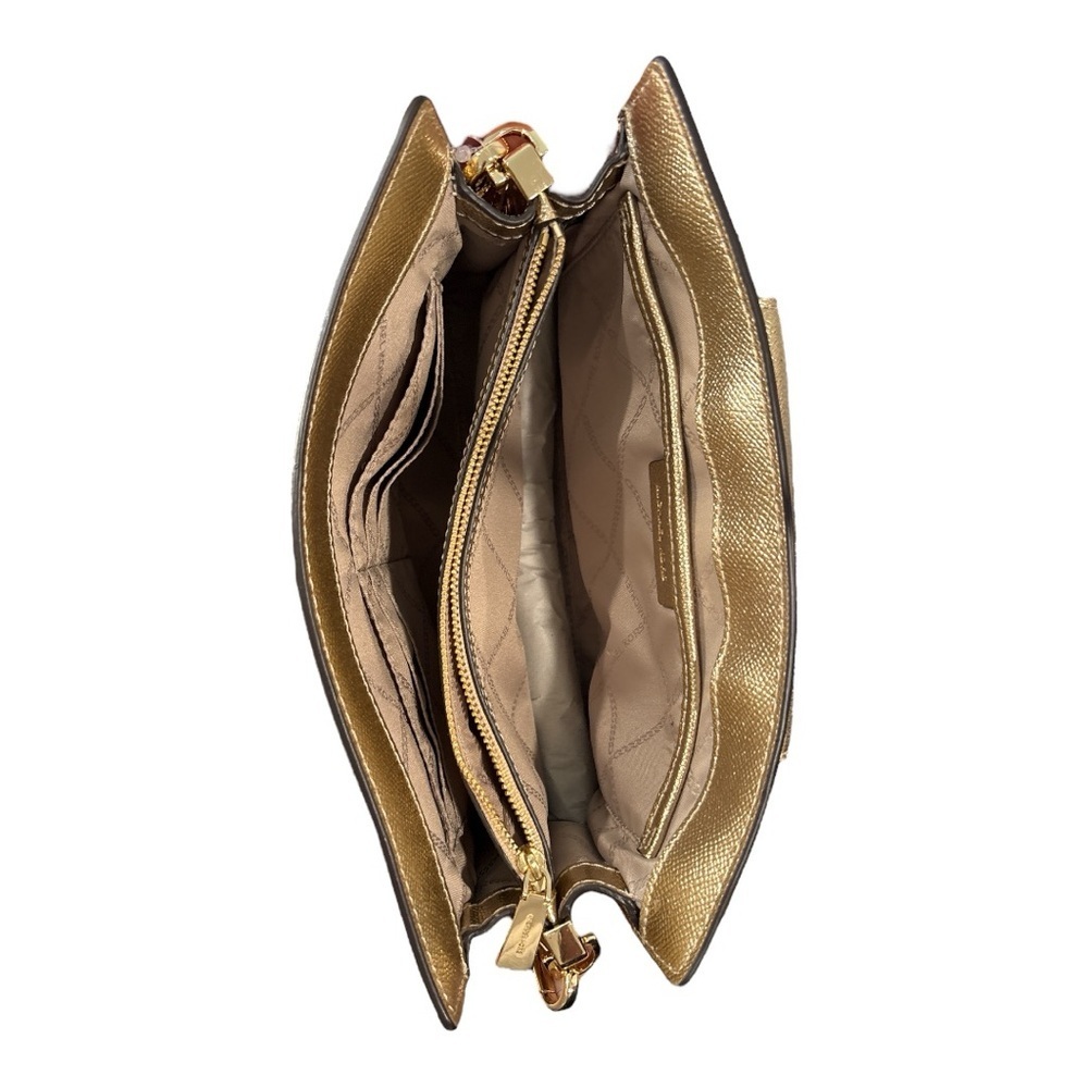NWT Michael Kors Large Pale Gold Leather Crossbody Clutch Purse Metallic - Picture 6 of 8